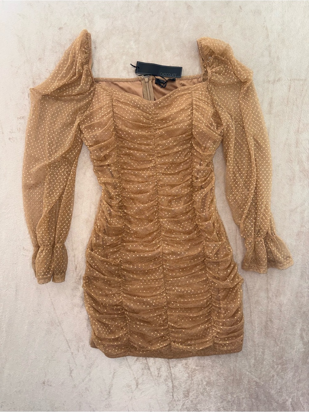 Chocolate Tan Polka Dot Ruched Mini Dress